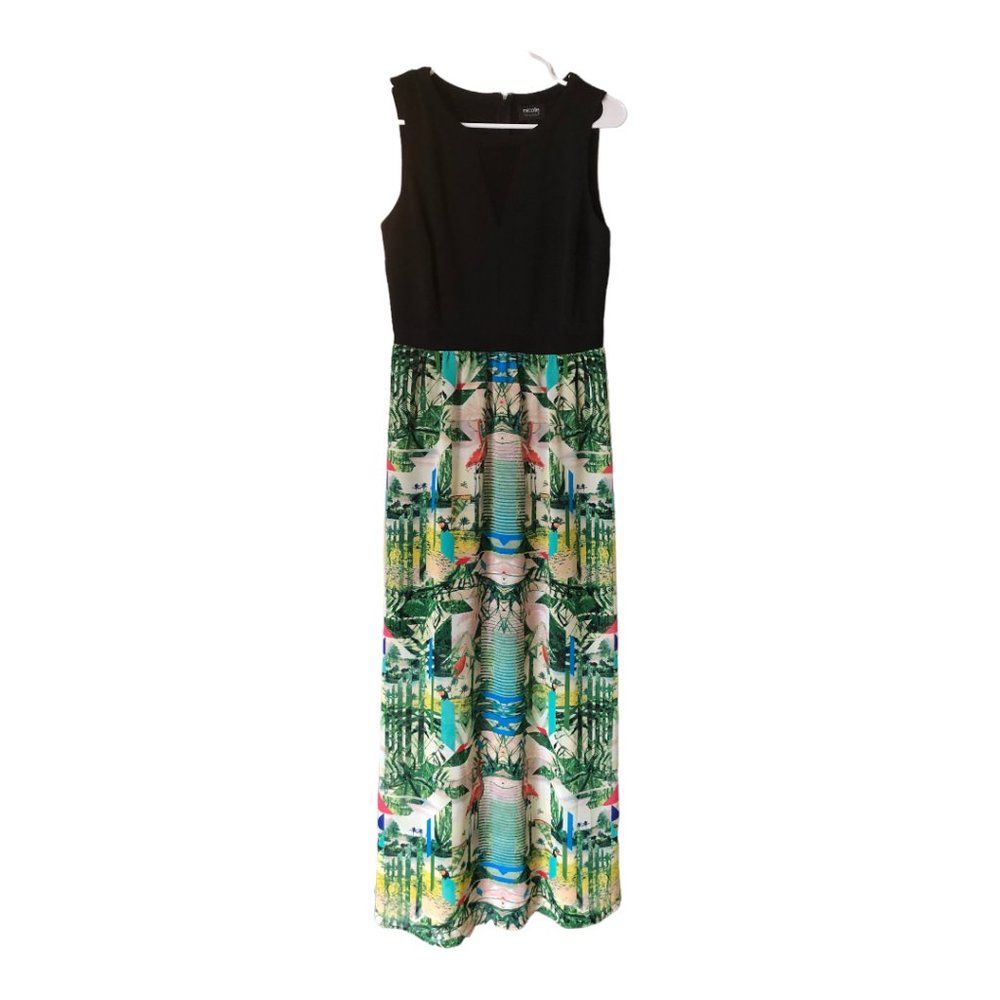Nicole Miller Black and Tropical Print Maxi Dress